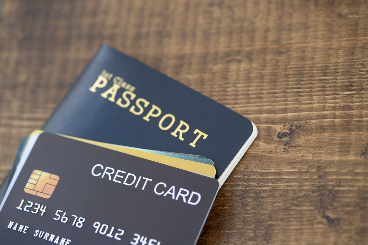 Credit Cards and Passport in Wooden Table